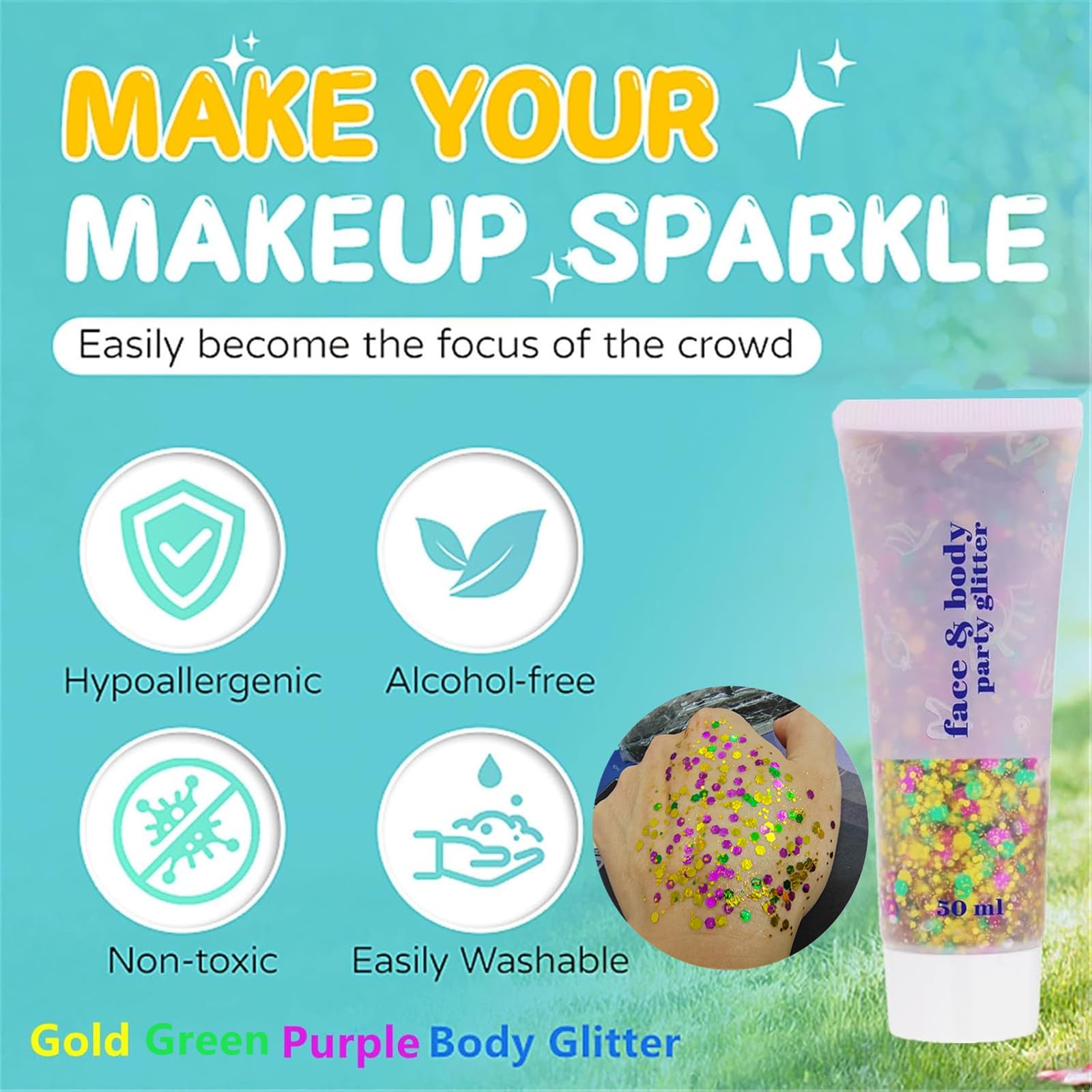 Close up of hexagonal gold green and purple sequins inside the cosmetic glitter gel formula
