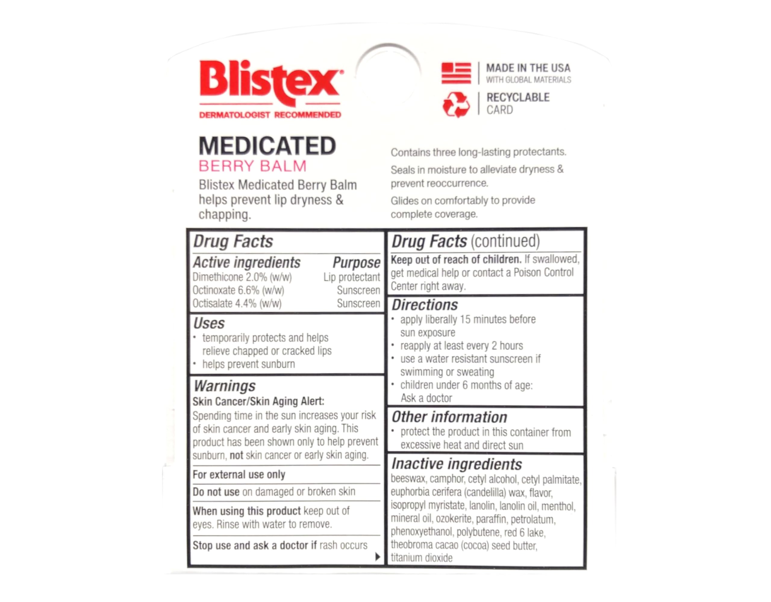 Blistex Medicated Berry Sunscreen Lip Balm SPF 15 showing product label details