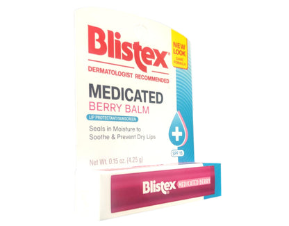 Blistex Berry Lip Protectant tube displaying active sunscreen ingredients