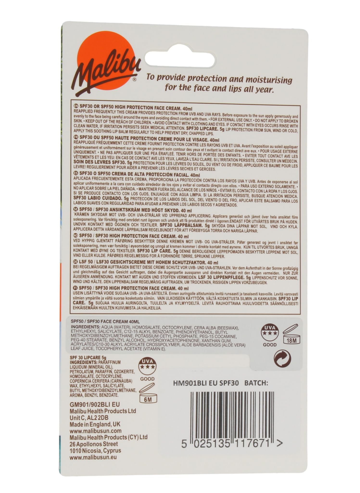 Malibu SPF 30 face cream and lip balm packaging