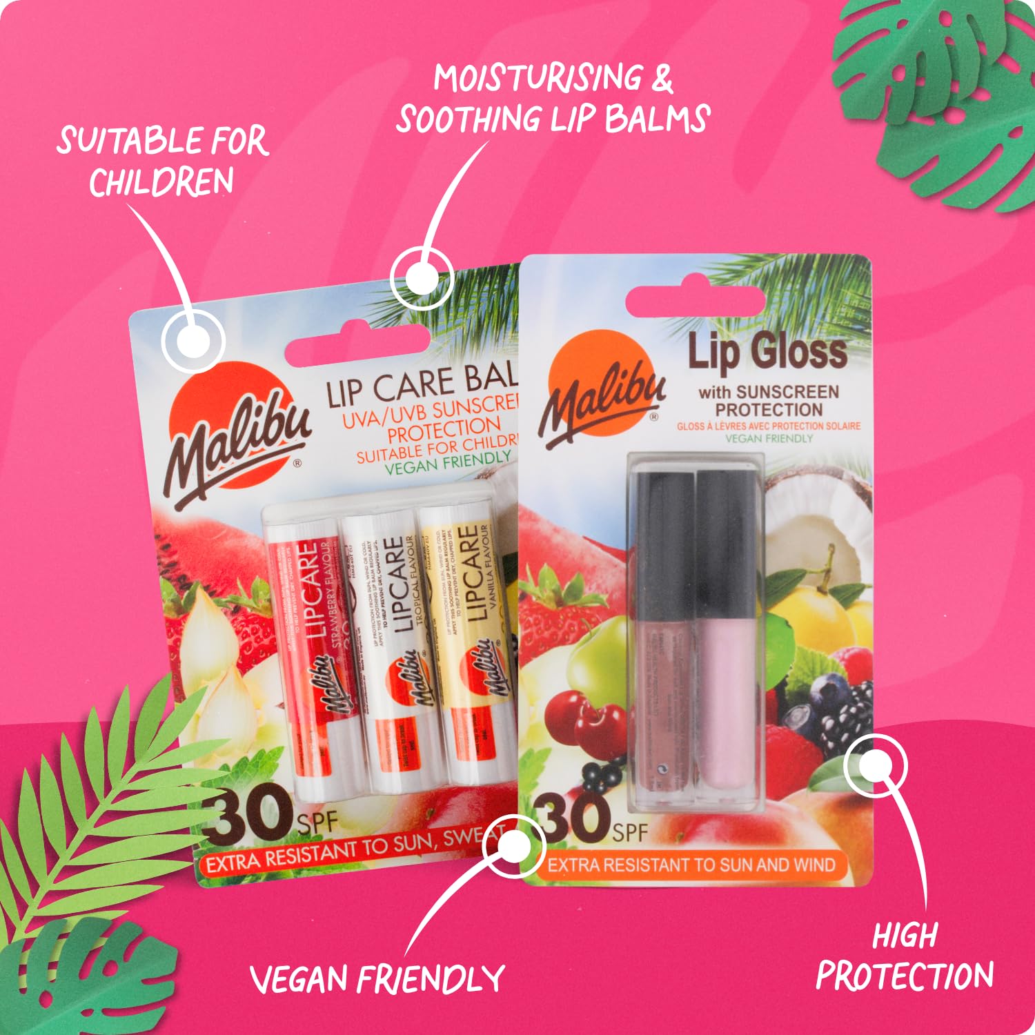 Malibu water resistant sun cream and lip balm tubes