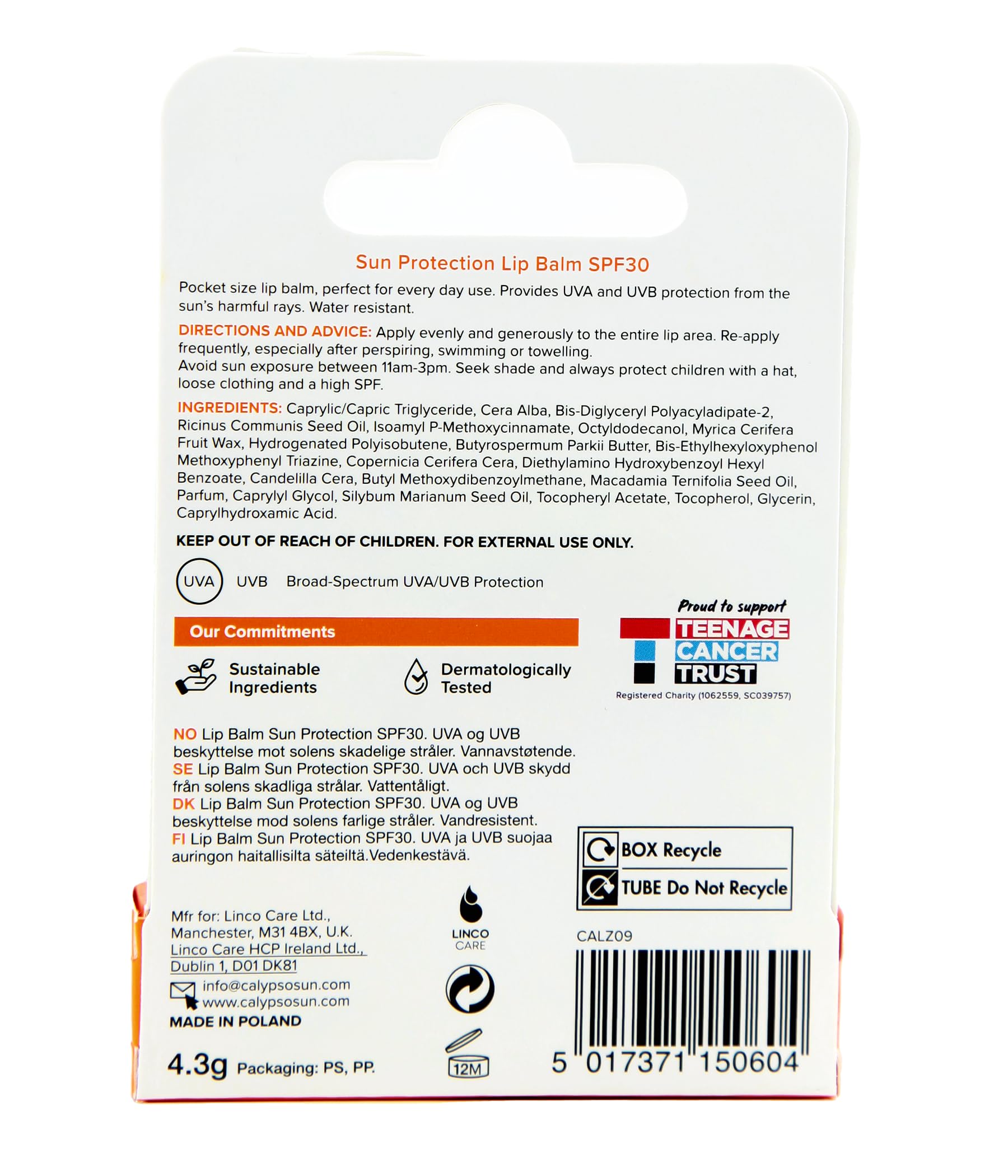 Side view of Calypso Sun Protection Lip Balm tube
