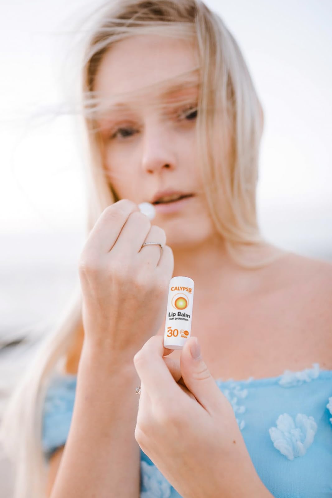 Close up of Calypso SPF 30 lip balm packaging