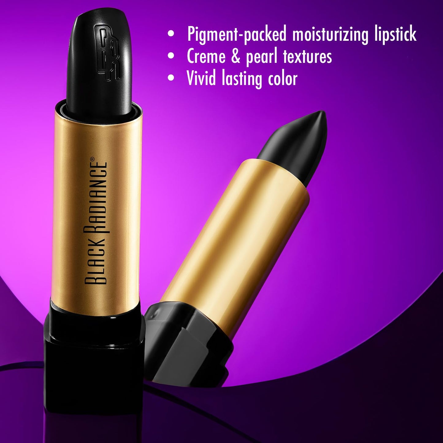 Black Radiance highly pigmented black lipstick tube showing the creamy texture