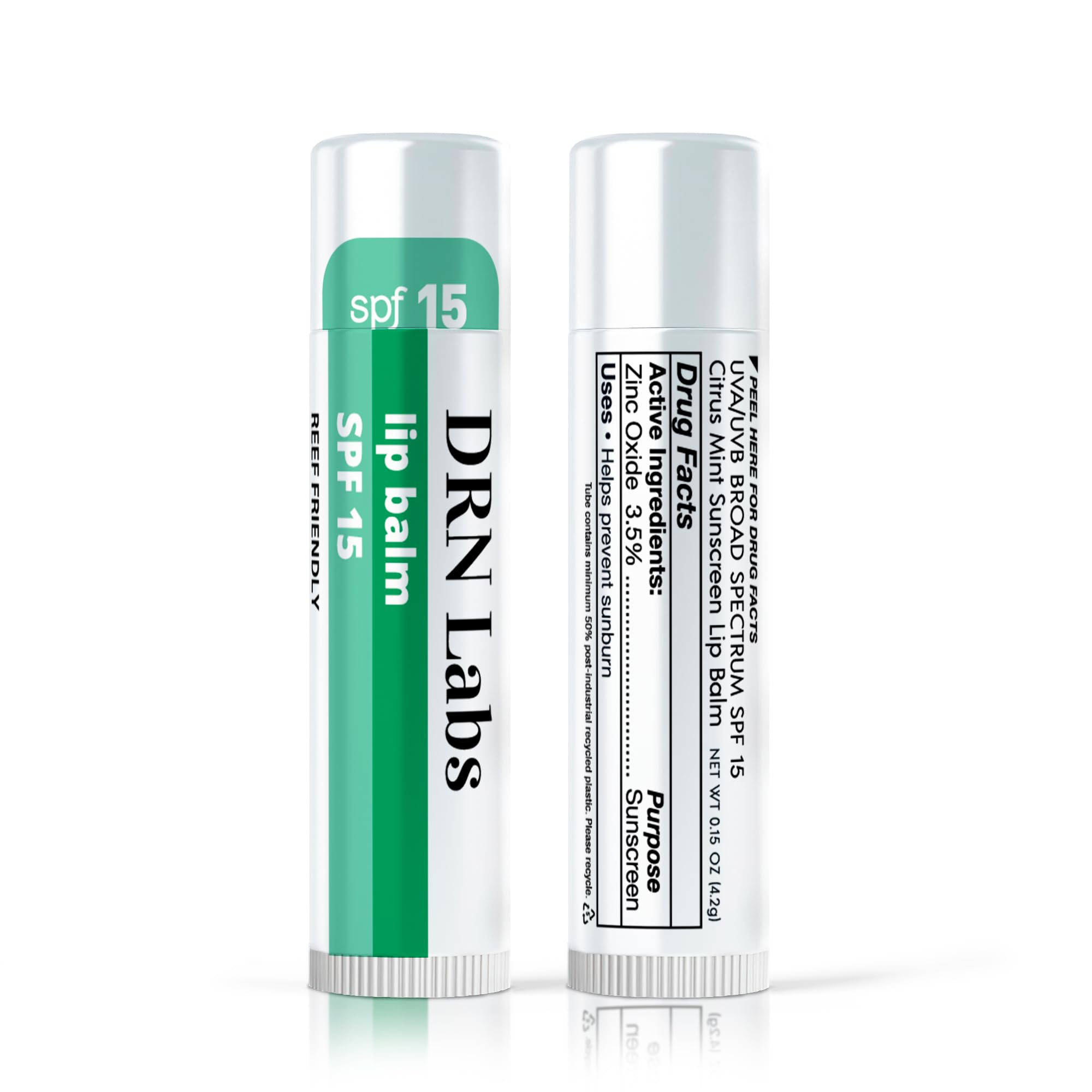 Close up of DRN Labs lip balm tube showing lemon and mint scent