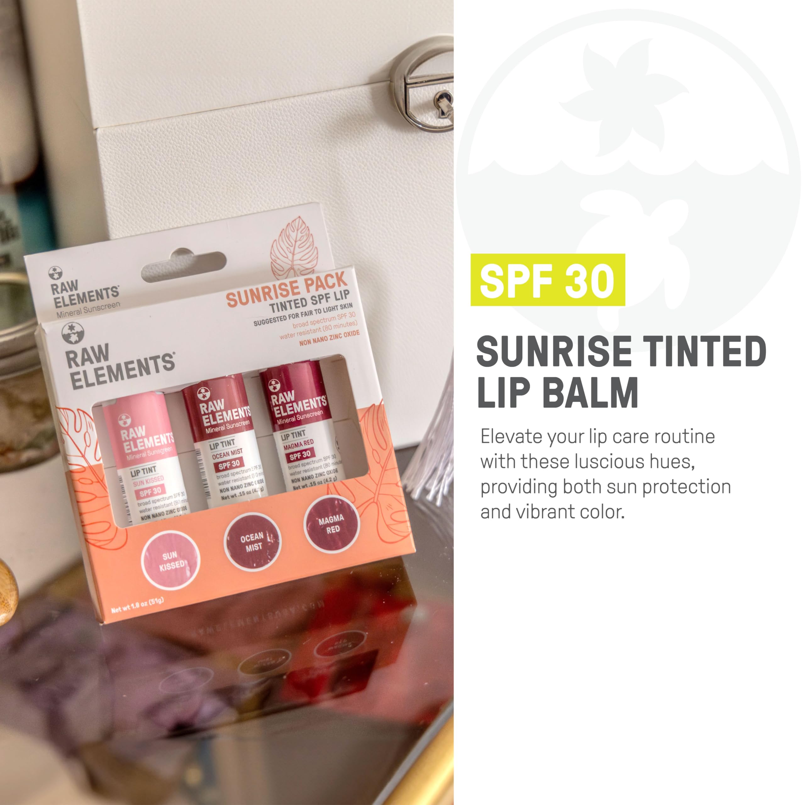 Three Raw Elements SPF 30 lip balm tubes