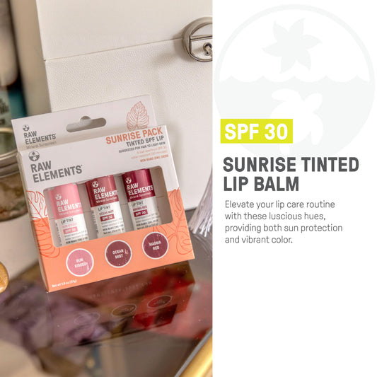 Three Raw Elements SPF 30 lip balm tubes