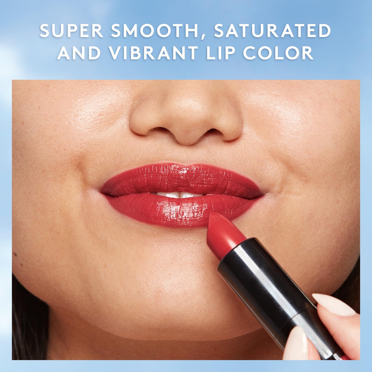 Hydrating classic red cream lipstick packaging and product close up