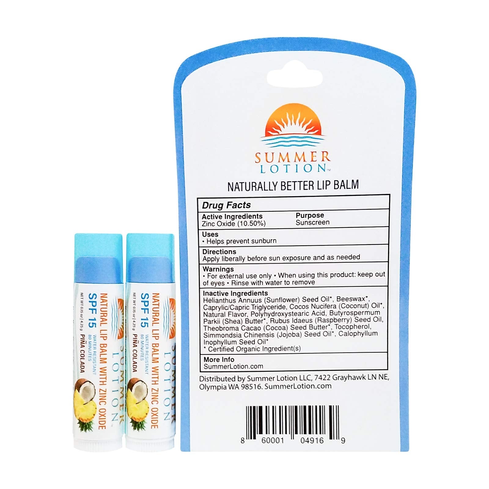 Summer Lotion SPF 15 lip balm packaging showing zinc oxide mineral protection
