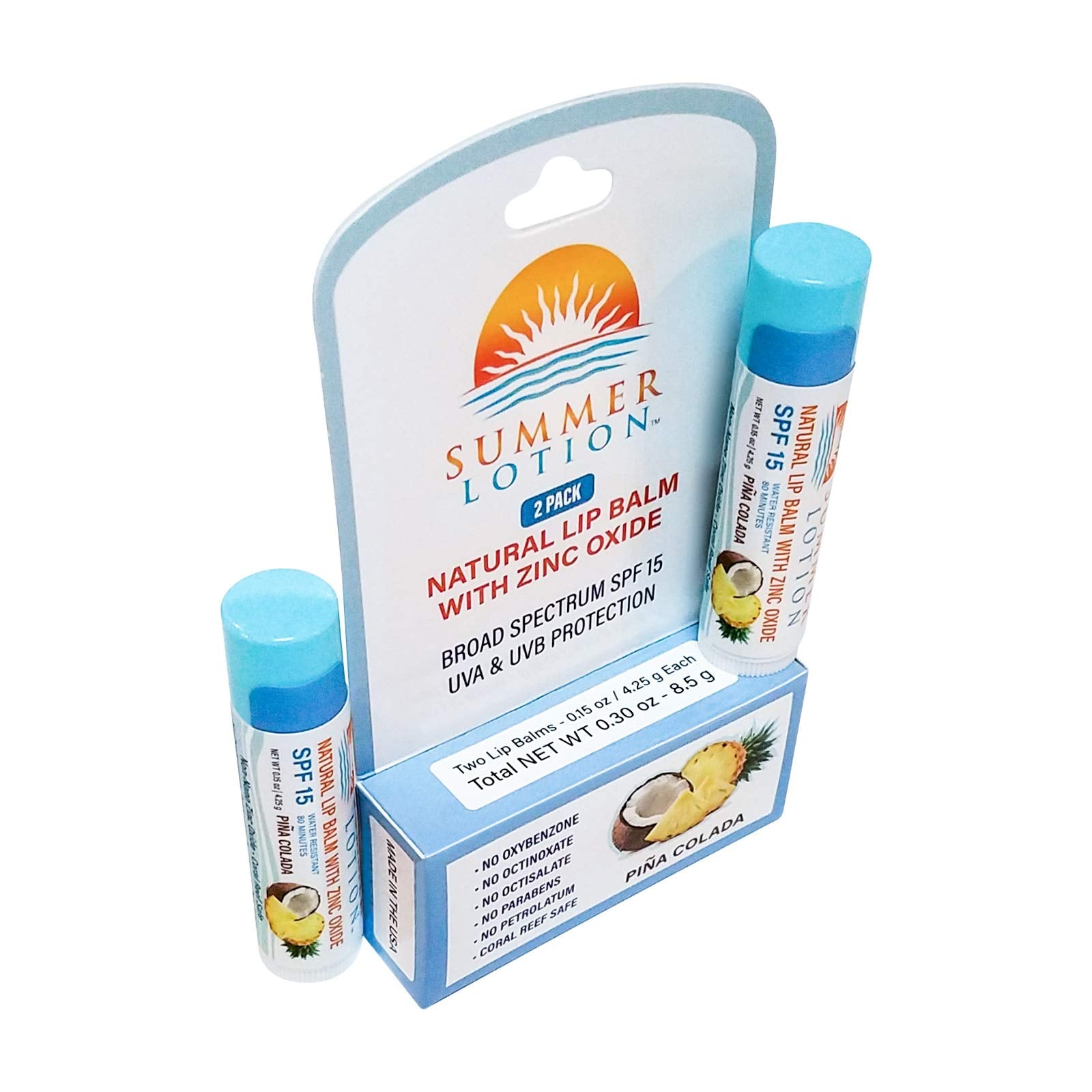 Summer Lotion Pina Colada lip balm tubes on a tropical background