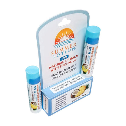 Summer Lotion Pina Colada lip balm tubes on a tropical background