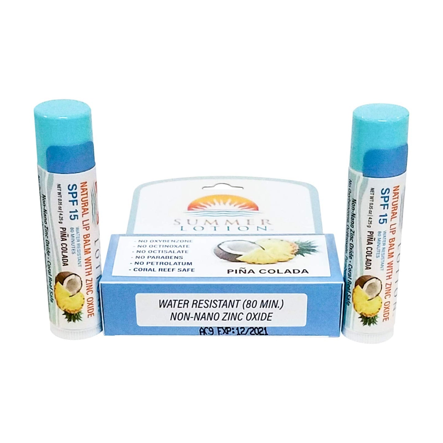 Close up of Summer Lotion natural lip balm texture and ingredient label