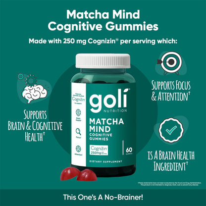 Goli Matcha Mind gummies in a bowl for focus support