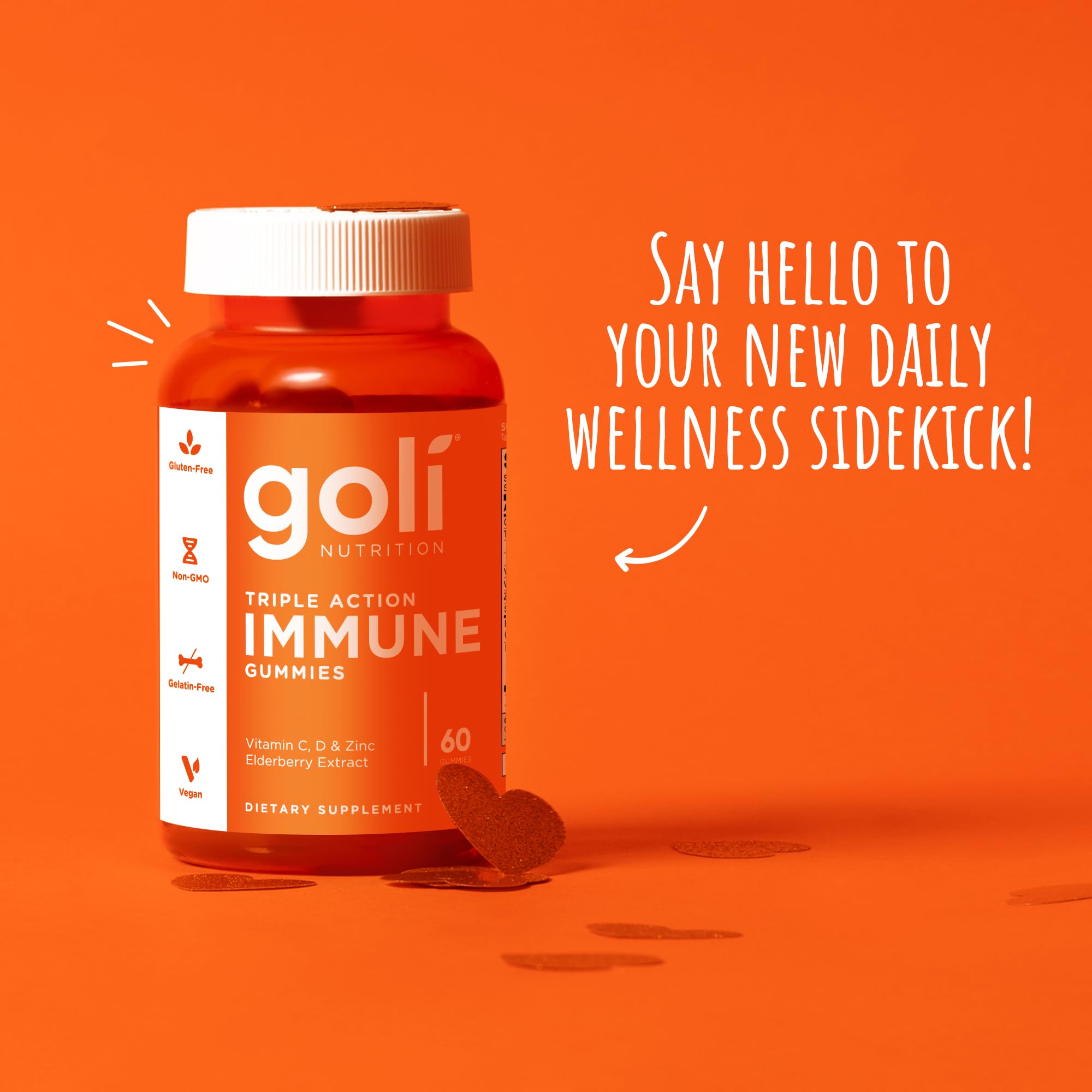 Goli plant based immune gummies showing orange label and vitamin ingredients
