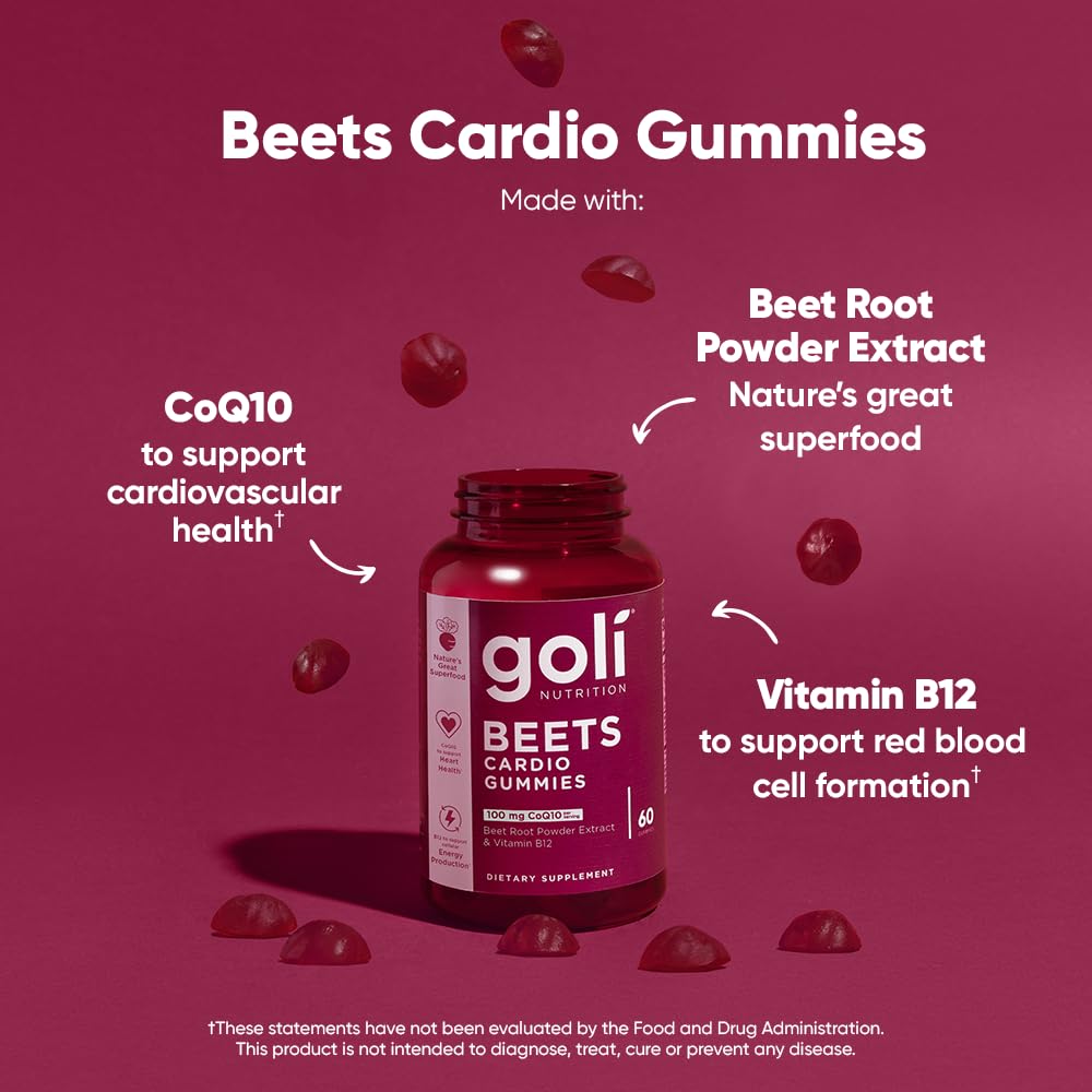 Side label view of Goli Beets Cardio supplement displaying coenzyme Q10 and vitamin B12 ingredients