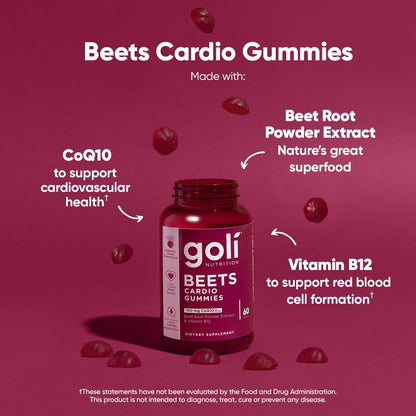 Side label view of Goli Beets Cardio supplement displaying coenzyme Q10 and vitamin B12 ingredients
