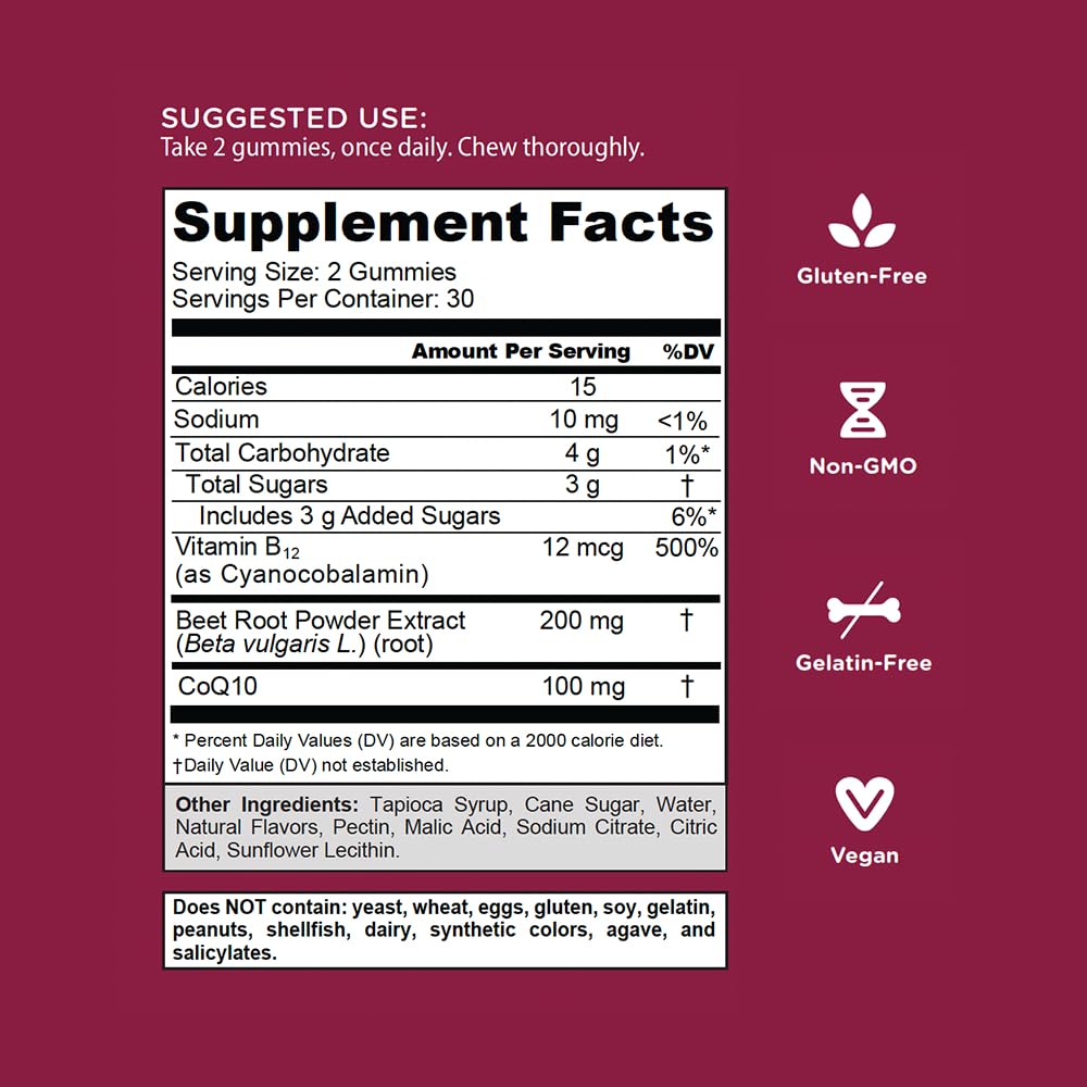 Nutritional facts panel on the back of Goli beetroot extract heart health supplement bottle