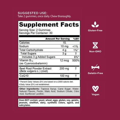 Nutritional facts panel on the back of Goli beetroot extract heart health supplement bottle