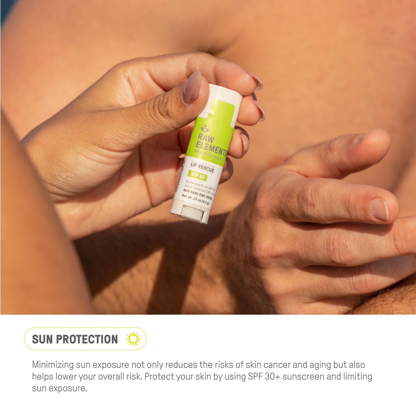 Brand logo and SPF 30 label on Raw Elements lip balm