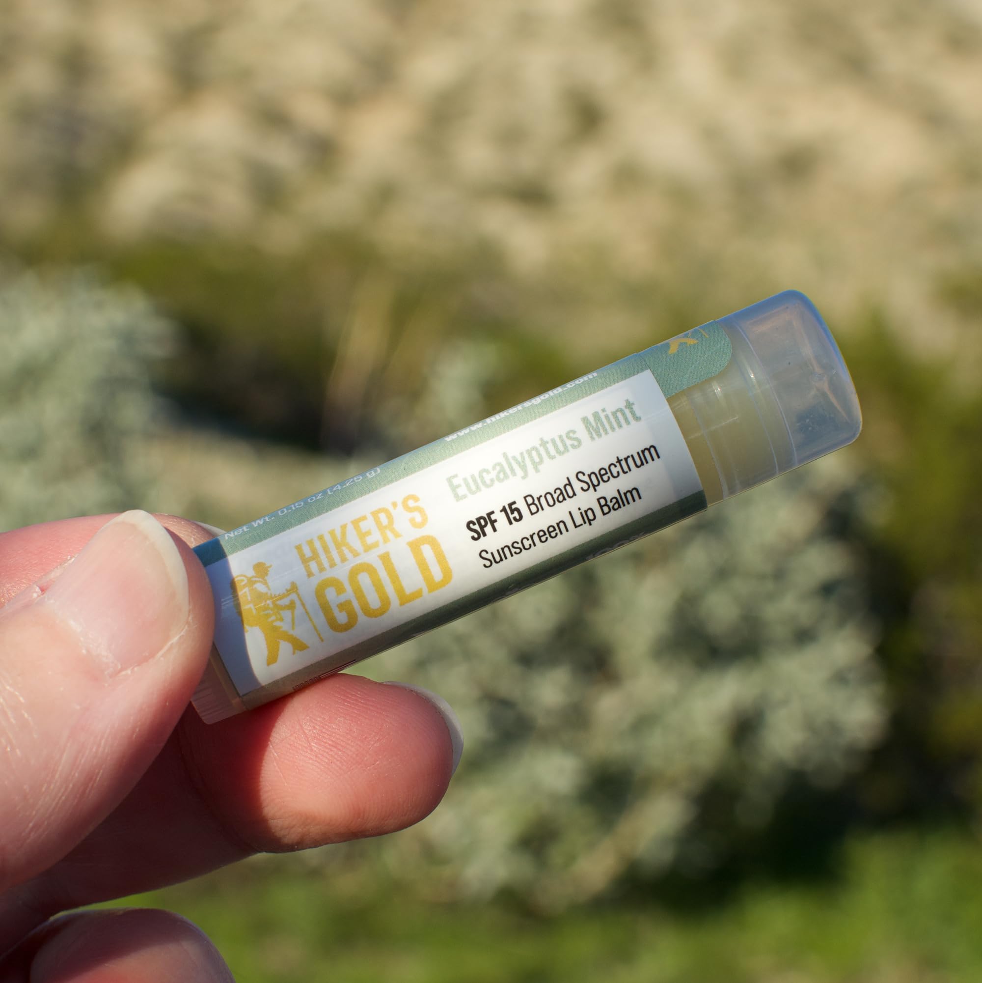 Hiker's Gold lip balm packaging showing SPF 15 protection