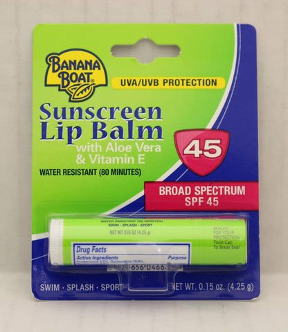 Twelve pack of Banana Boat SPF 45 lip balm tubes