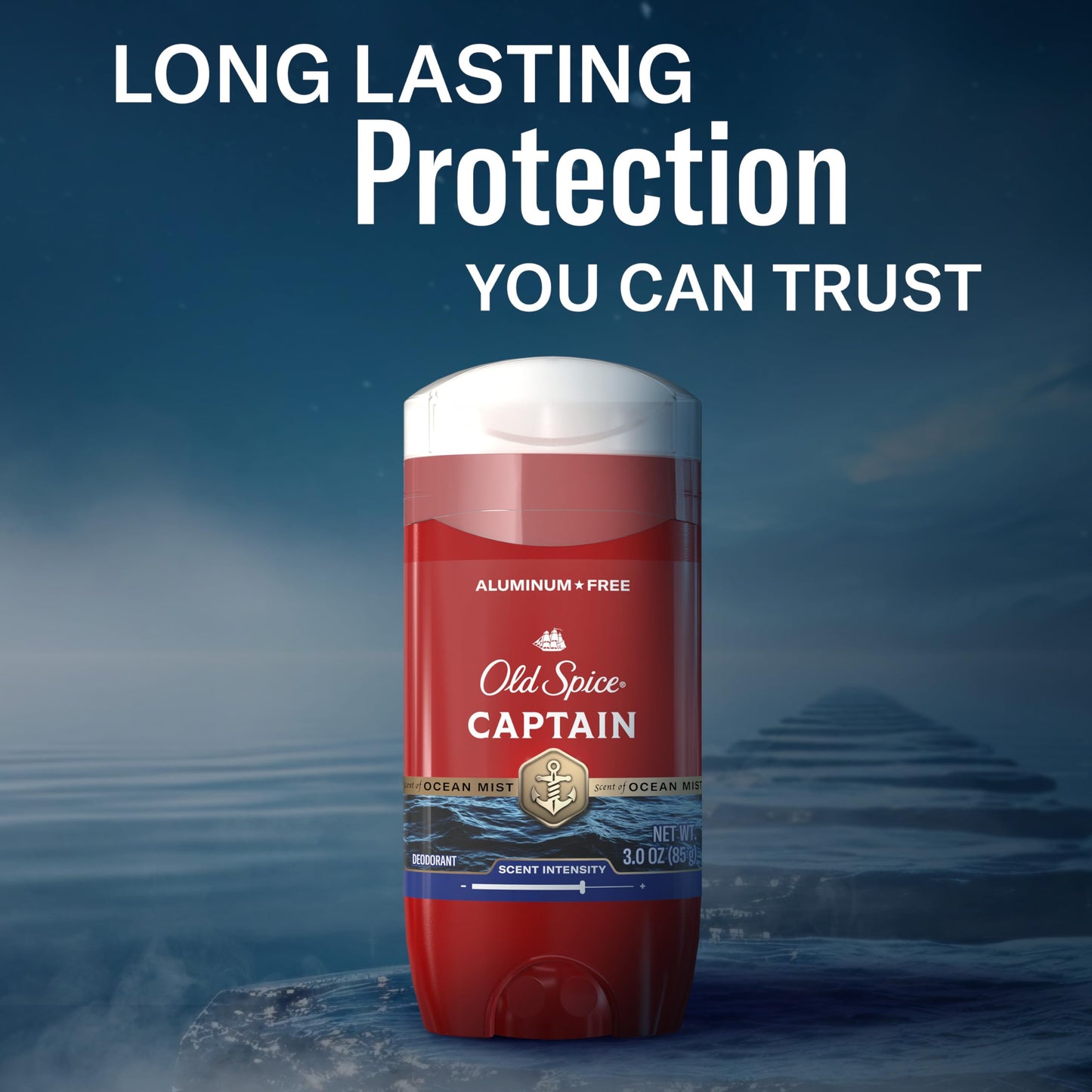 USA sourced Old Spice Captain deodorant stick side profile detailing benefits