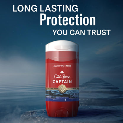 USA sourced Old Spice Captain deodorant stick side profile detailing benefits