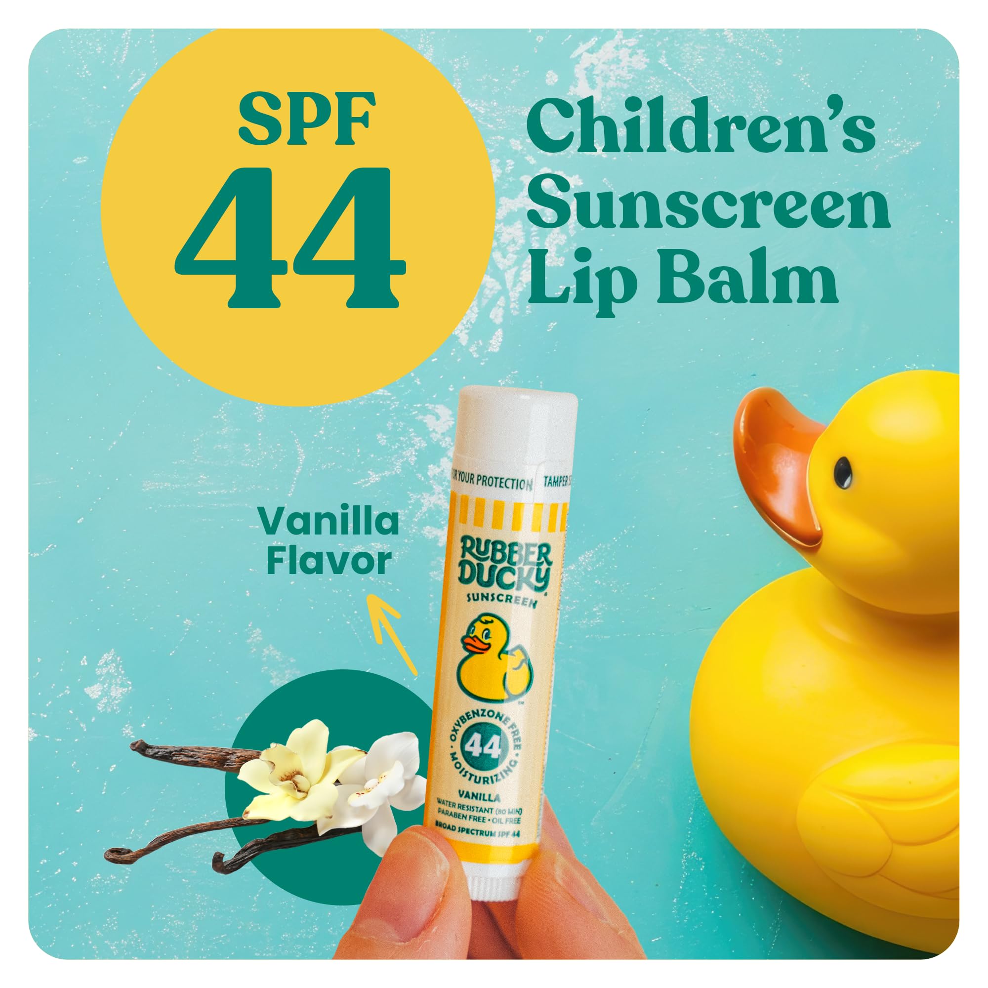 Back of Rubber Ducky lip balm showing SPF 44 benefits
