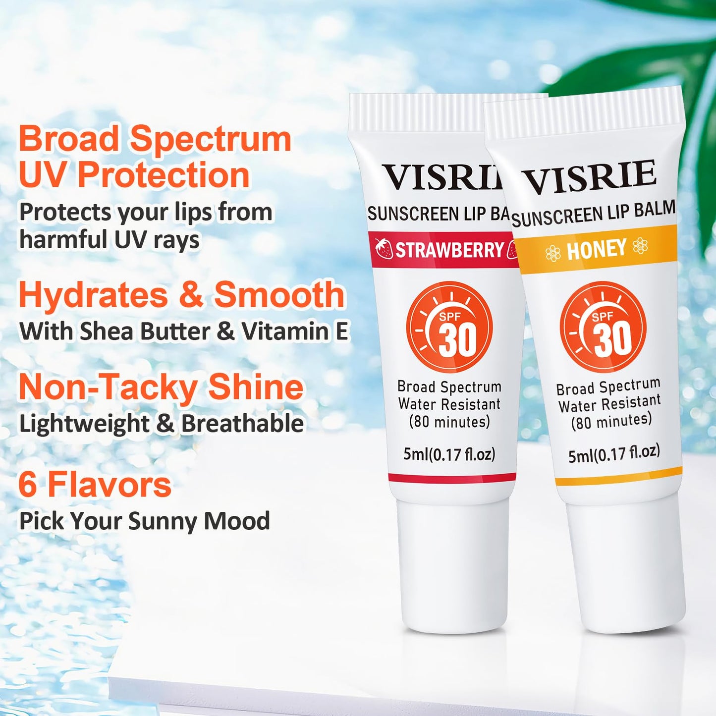Six pack of Visrie moisturizing SPF lip balm tubes