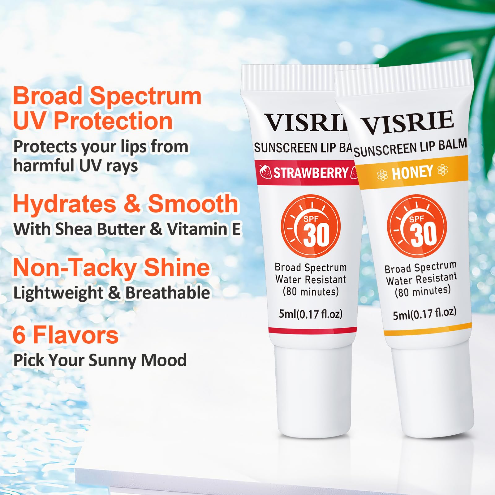 Six pack of Visrie moisturizing SPF lip balm tubes
