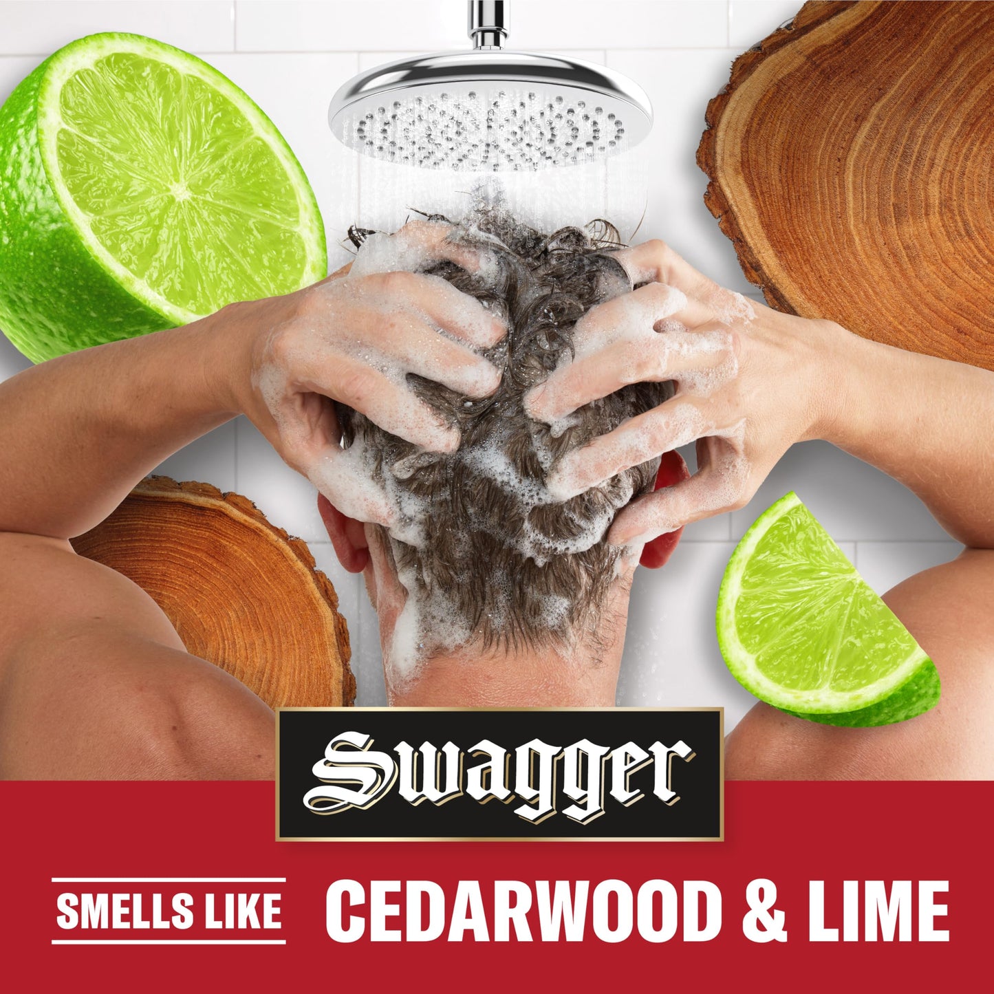 Old Spice Swagger hair product showing volume and health benefits