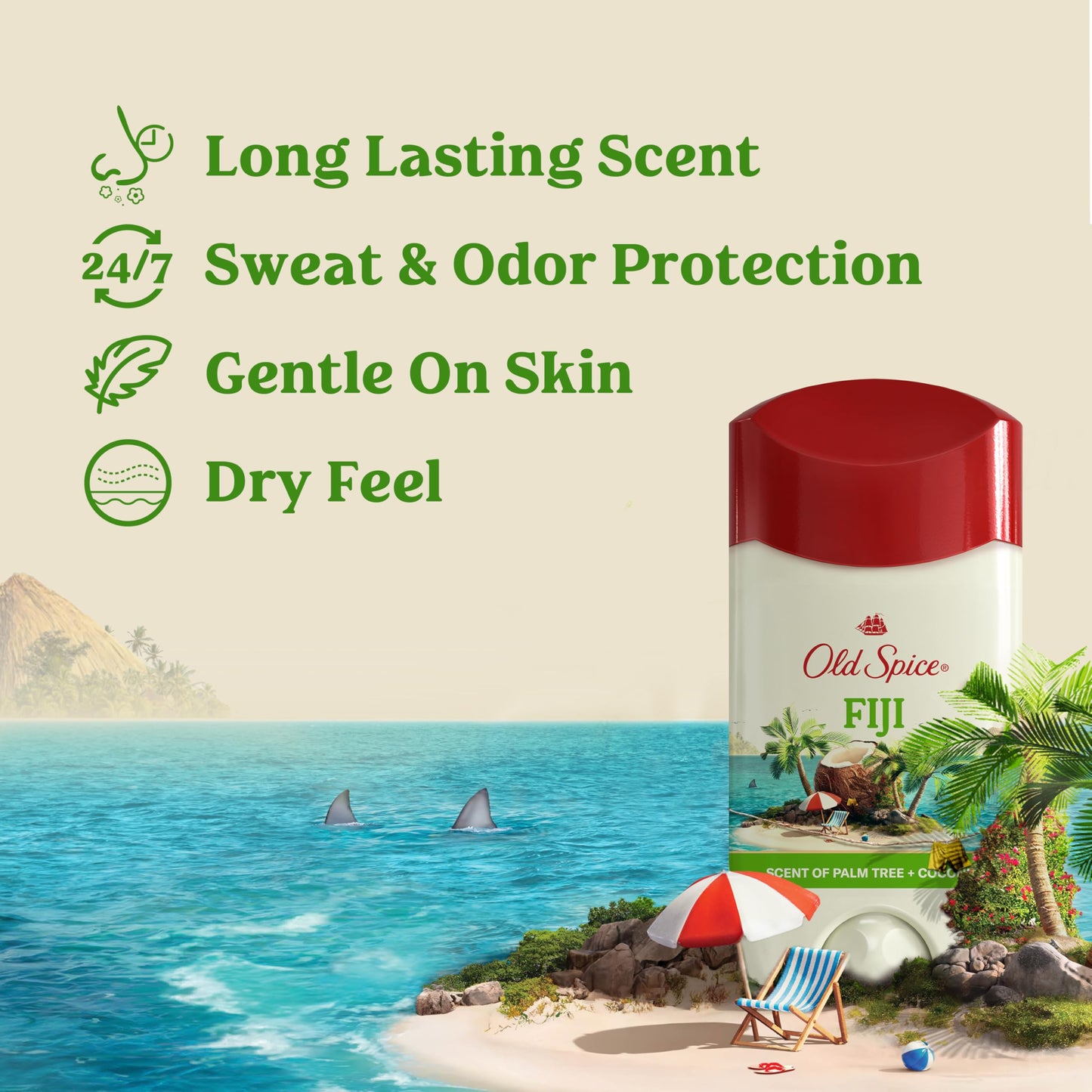 Two pack of Old Spice Dry Feel underarm stick for men featuring coconut scent.