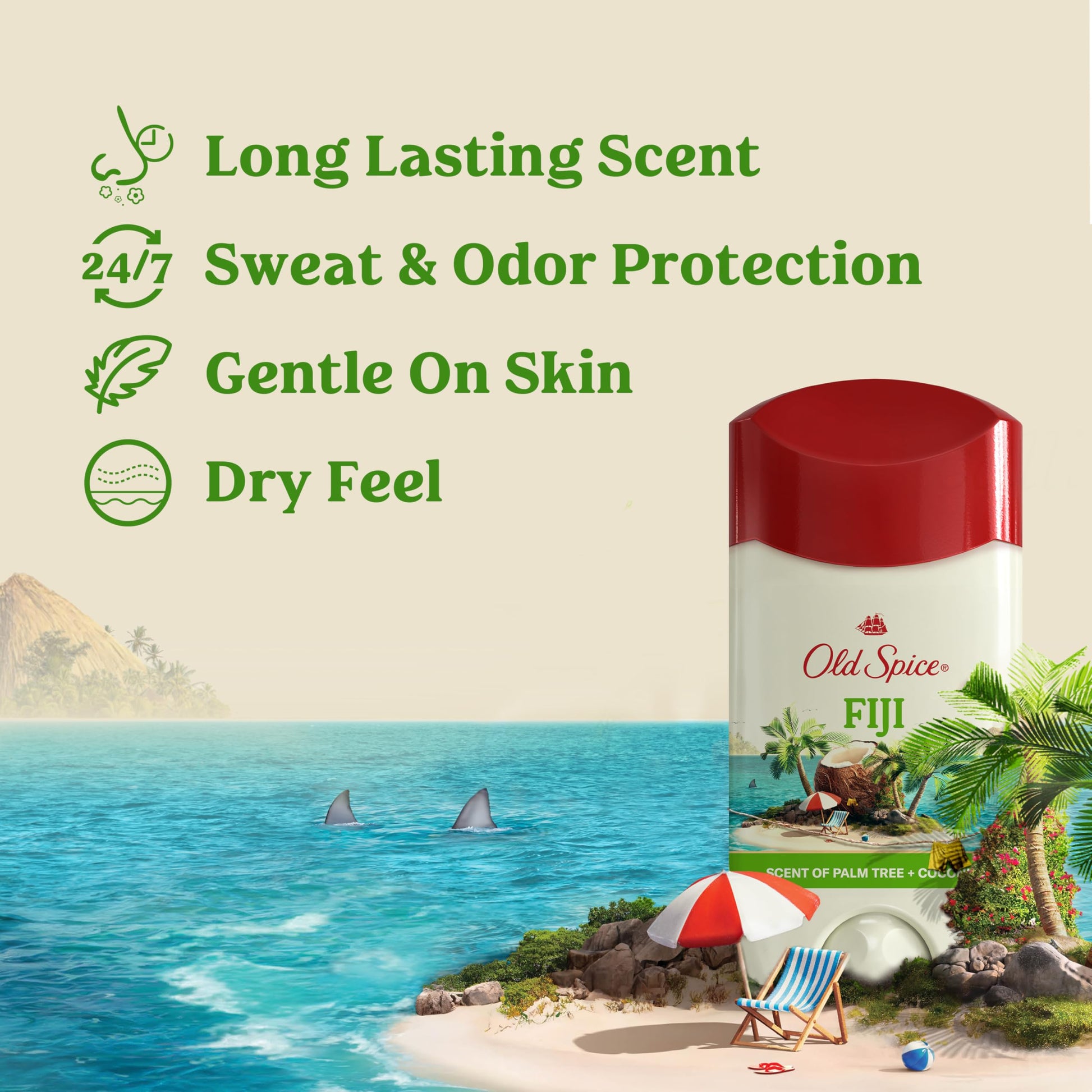 Two pack of Old Spice Dry Feel underarm stick for men featuring coconut scent.