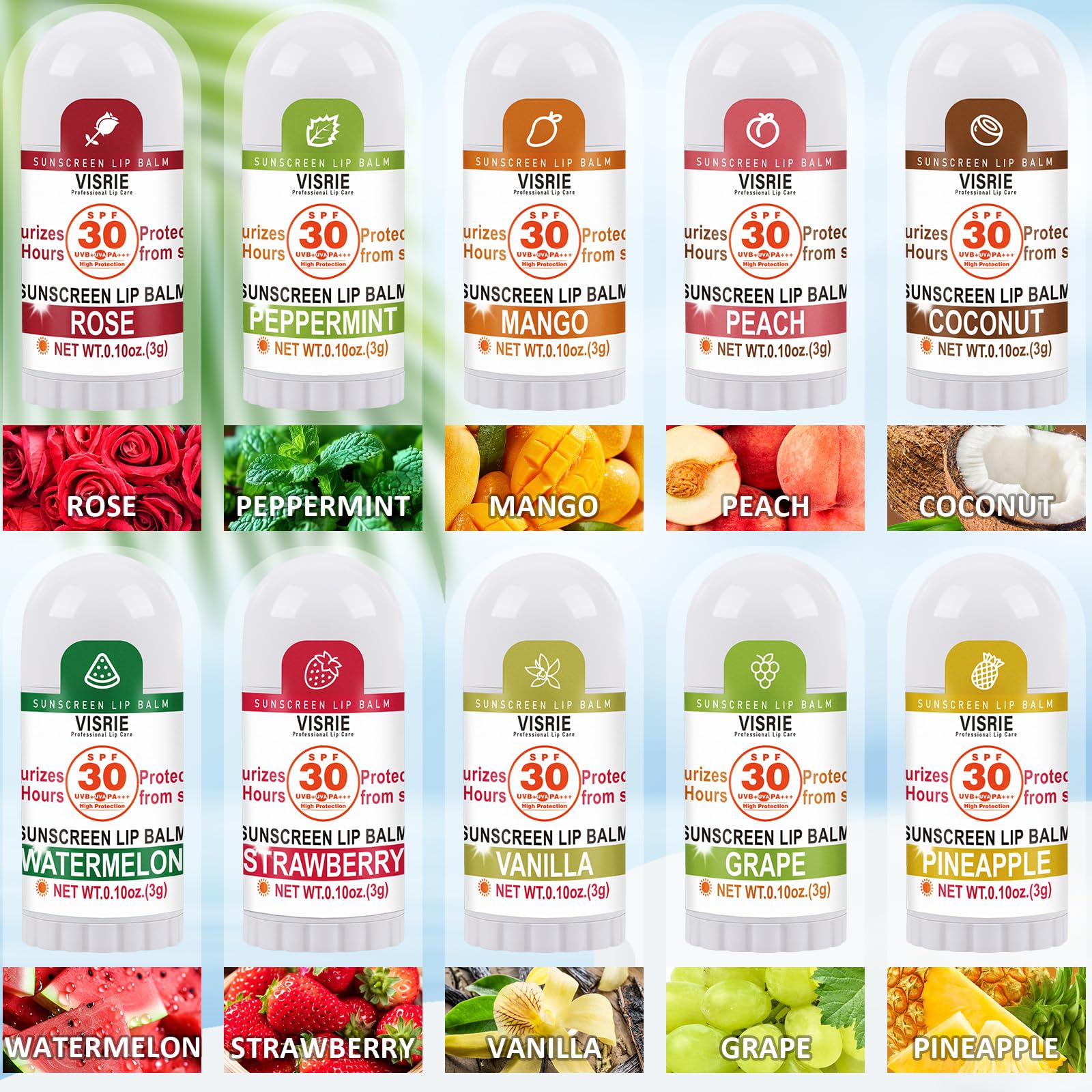 Visrie SPF 30 lip balm bulk pack showing 10 flavors