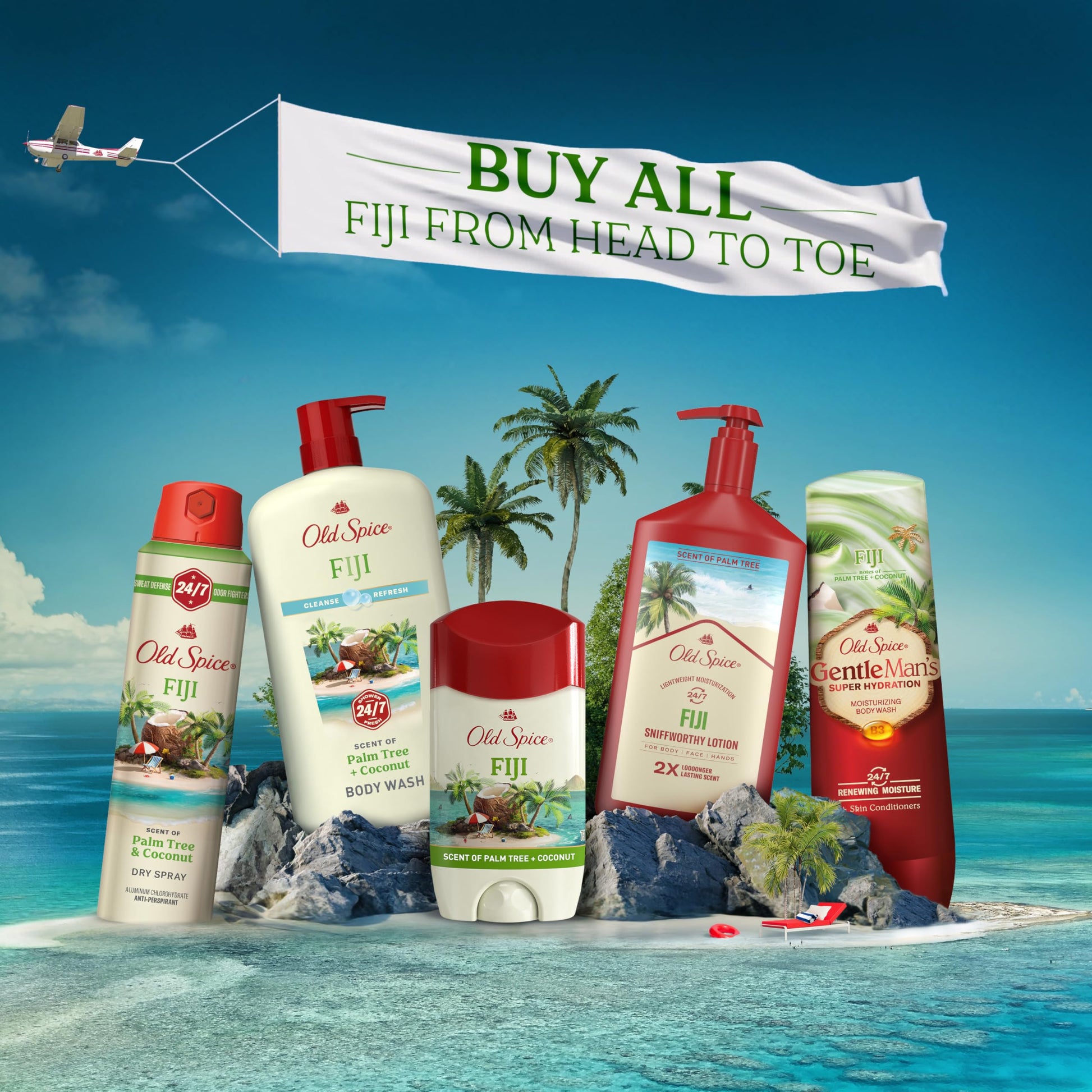Premium Old Spice coconut and palm tree scented personal care product for men.