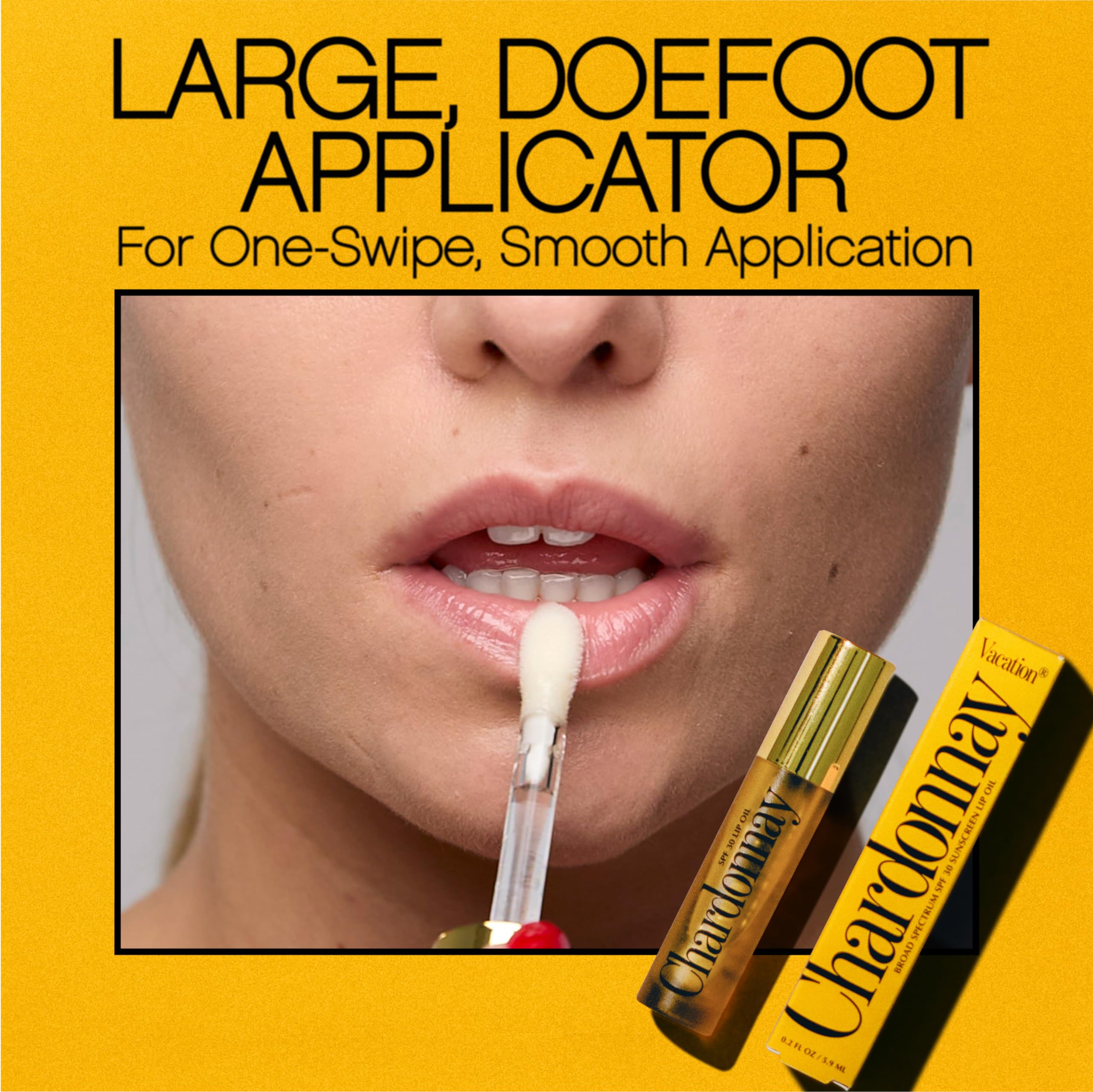 Model wearing Vacation Chardonnay Lip Oil for high shine finish