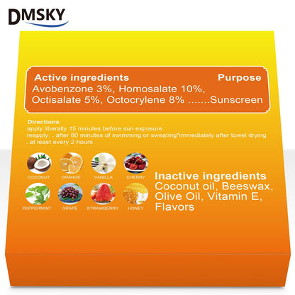 Individual Dmsky SPF 30 lip balm tube showing travel size