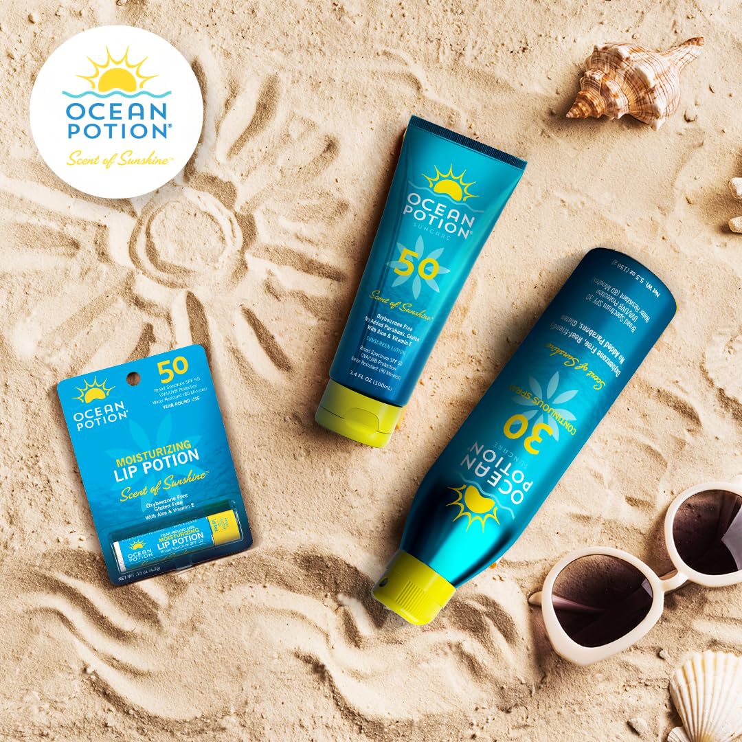Side view of Ocean Potion lip balm highlighting SPF 50 protection
