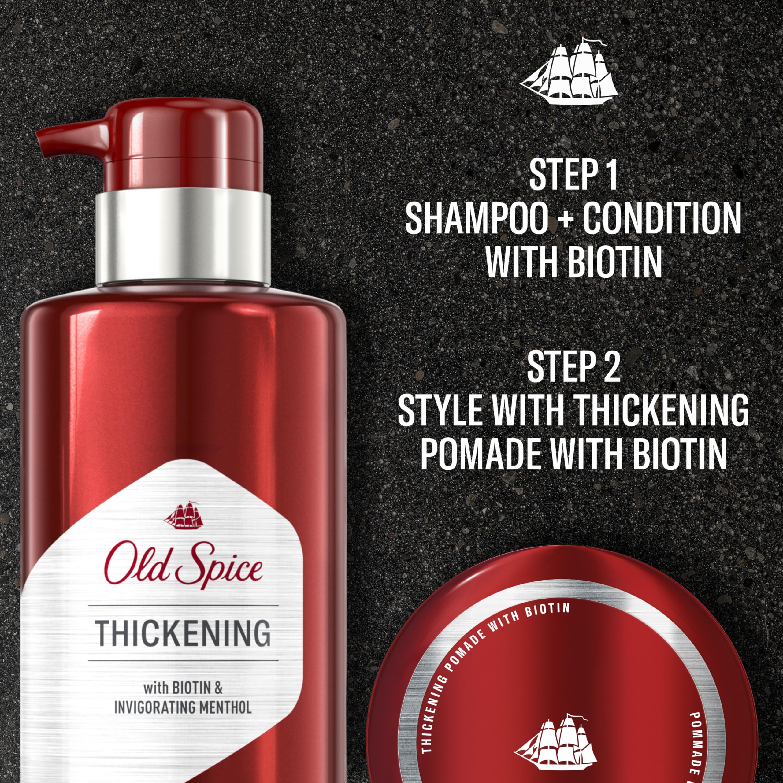 Back label of Old Spice biotin thickening shampoo and conditioner