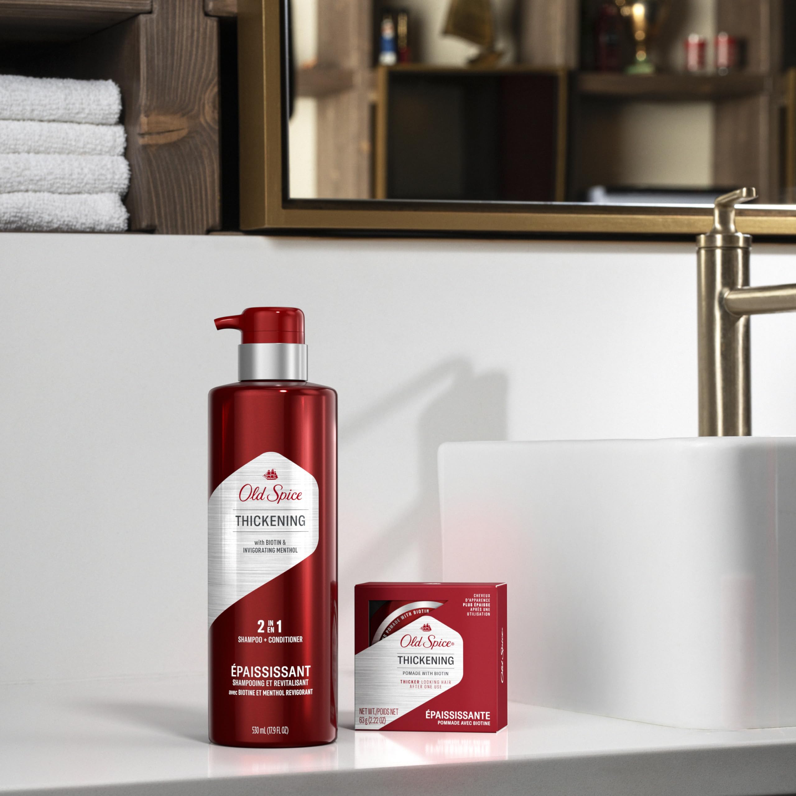 Close up of Old Spice thickening shampoo brand logo