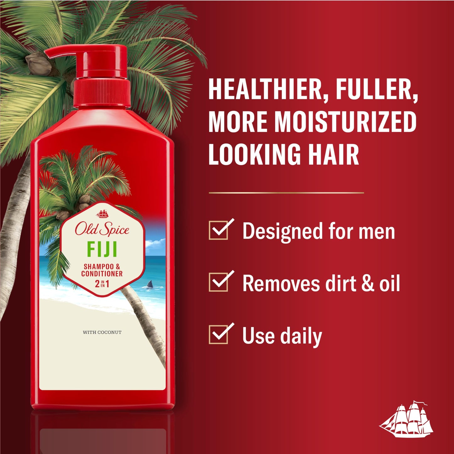 Old Spice Fiji 2 in 1 bottle showing coconut and tropical wood scent label