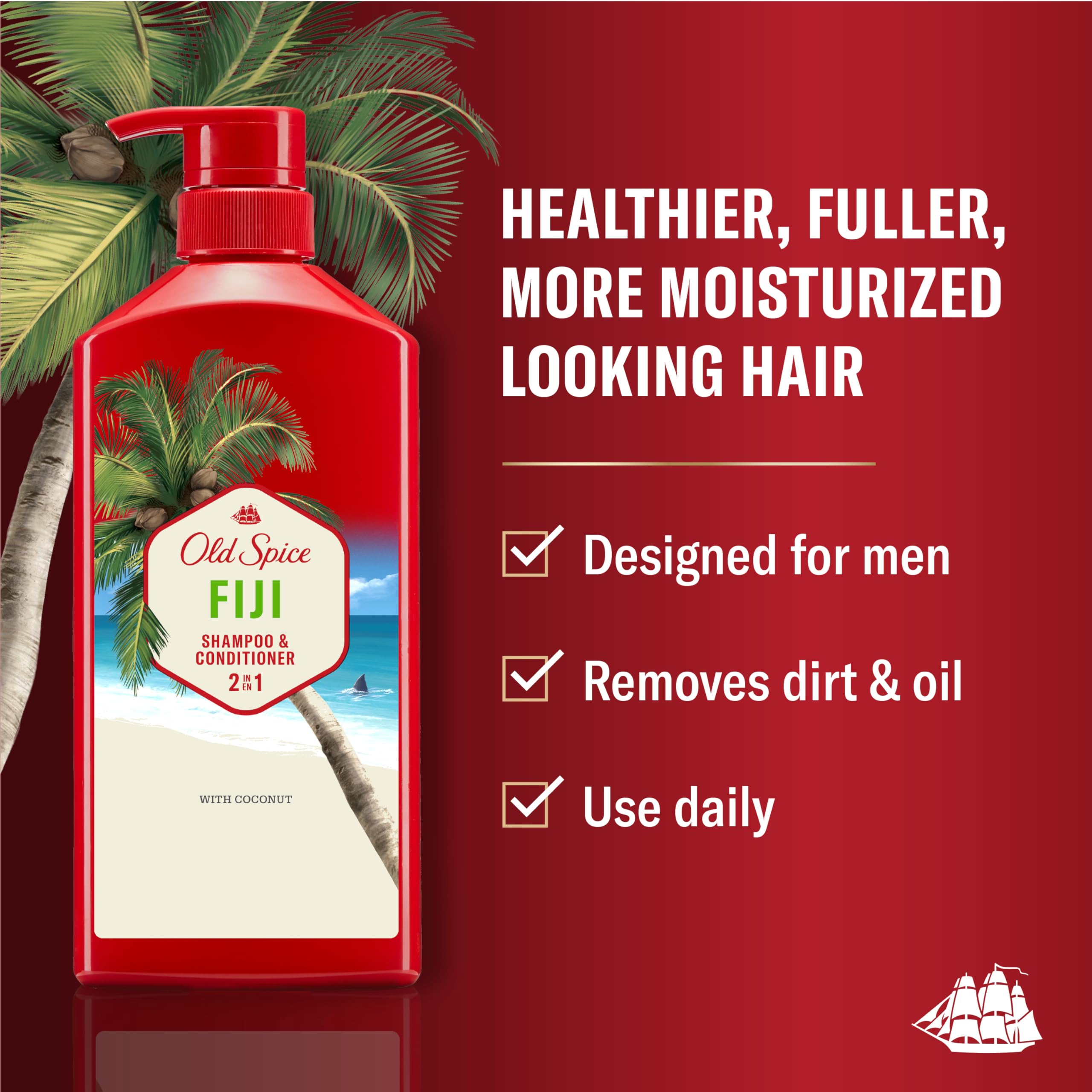Old Spice Fiji 2 in 1 bottle showing coconut and tropical wood scent label