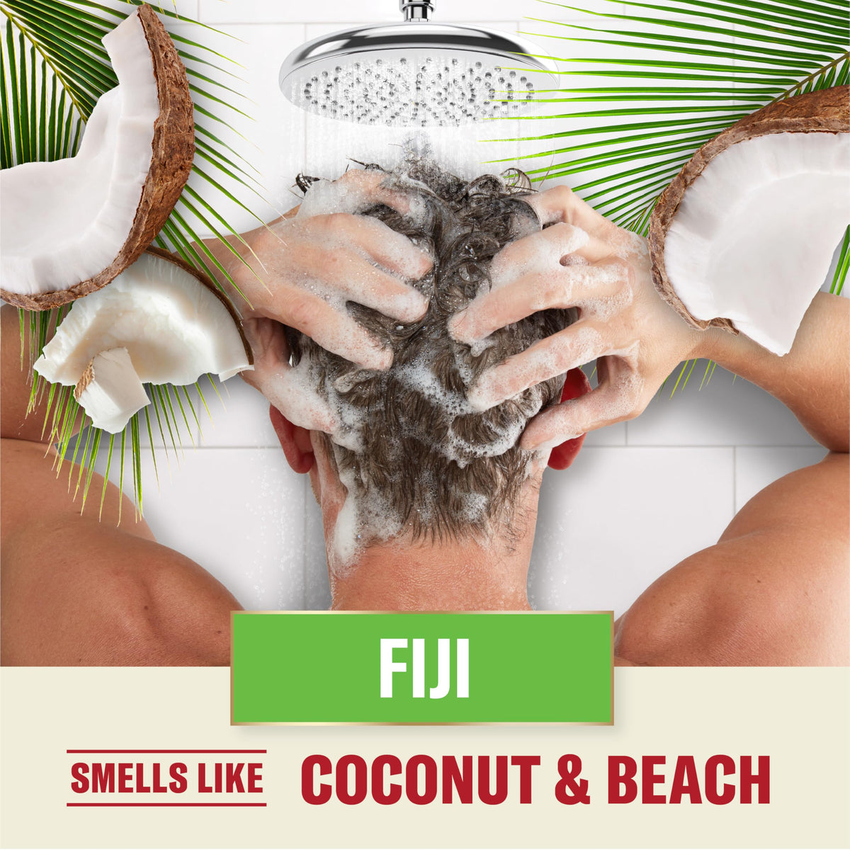 Man using Old Spice Fiji 2 in 1 shampoo and conditioner