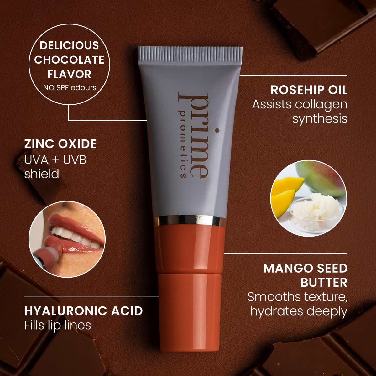 Model applying Prime Prometics SPF 35 lip oil for hydration