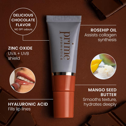 Model applying Prime Prometics SPF 35 lip oil for hydration