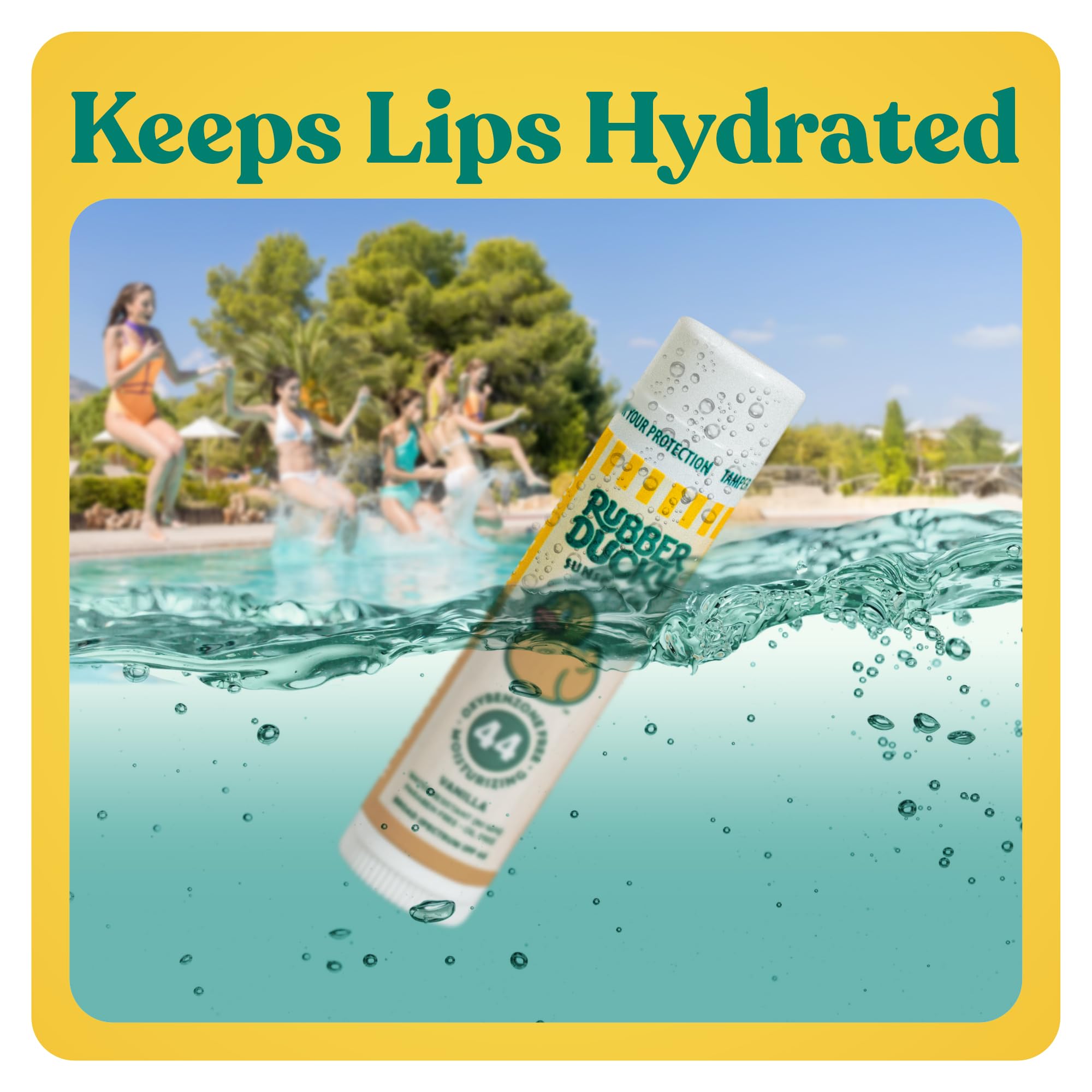 Rubber Ducky lip balm with SPF 44 ingredient list back label