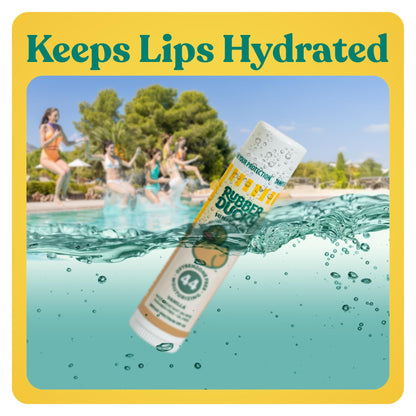 Rubber Ducky lip balm with SPF 44 ingredient list back label