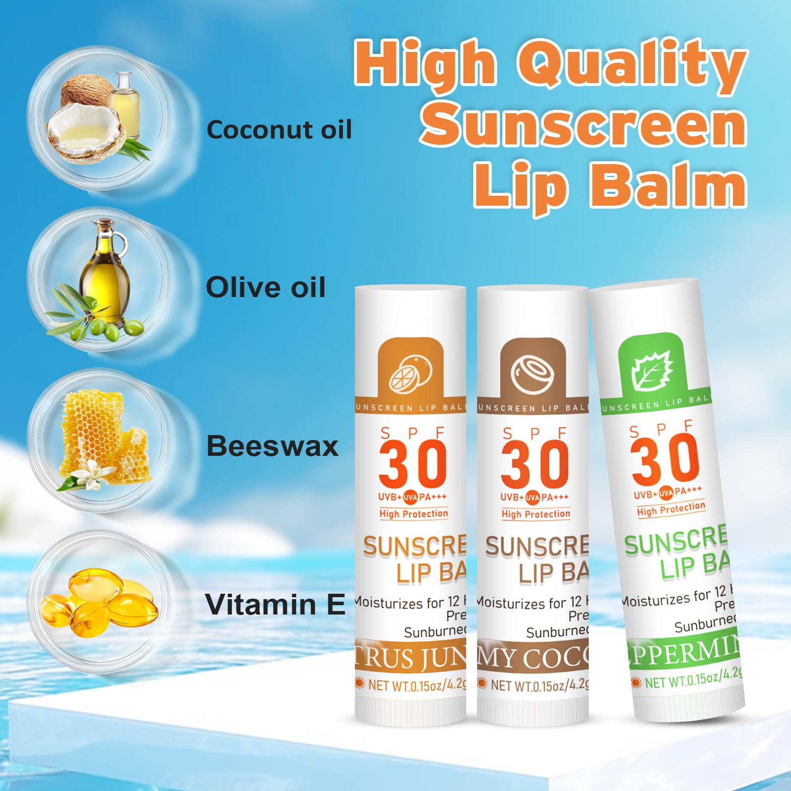 Assorted flavors of Visrie SPF 30 lip balm sticks