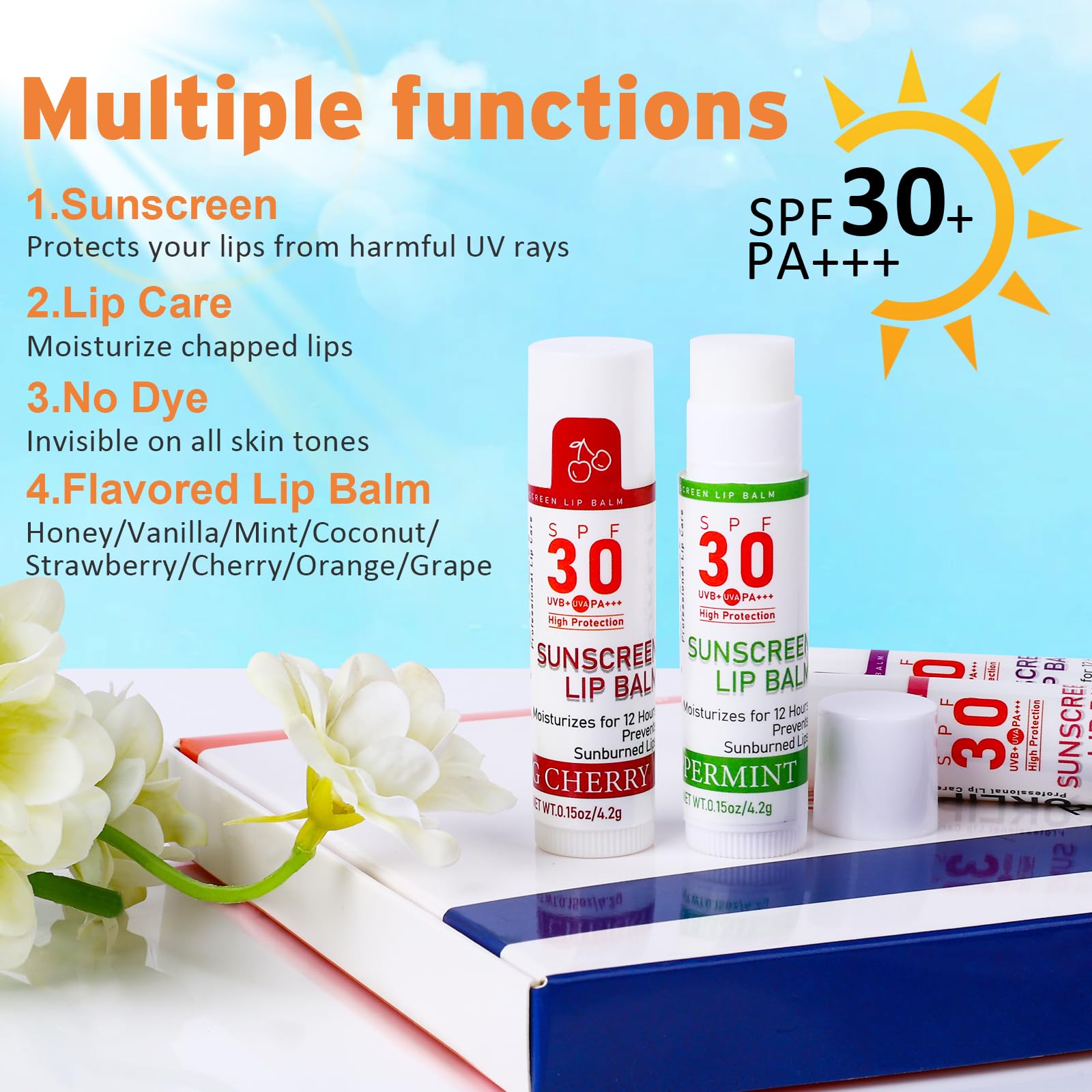 Hand holding a coconut flavored SPF 30 lip balm