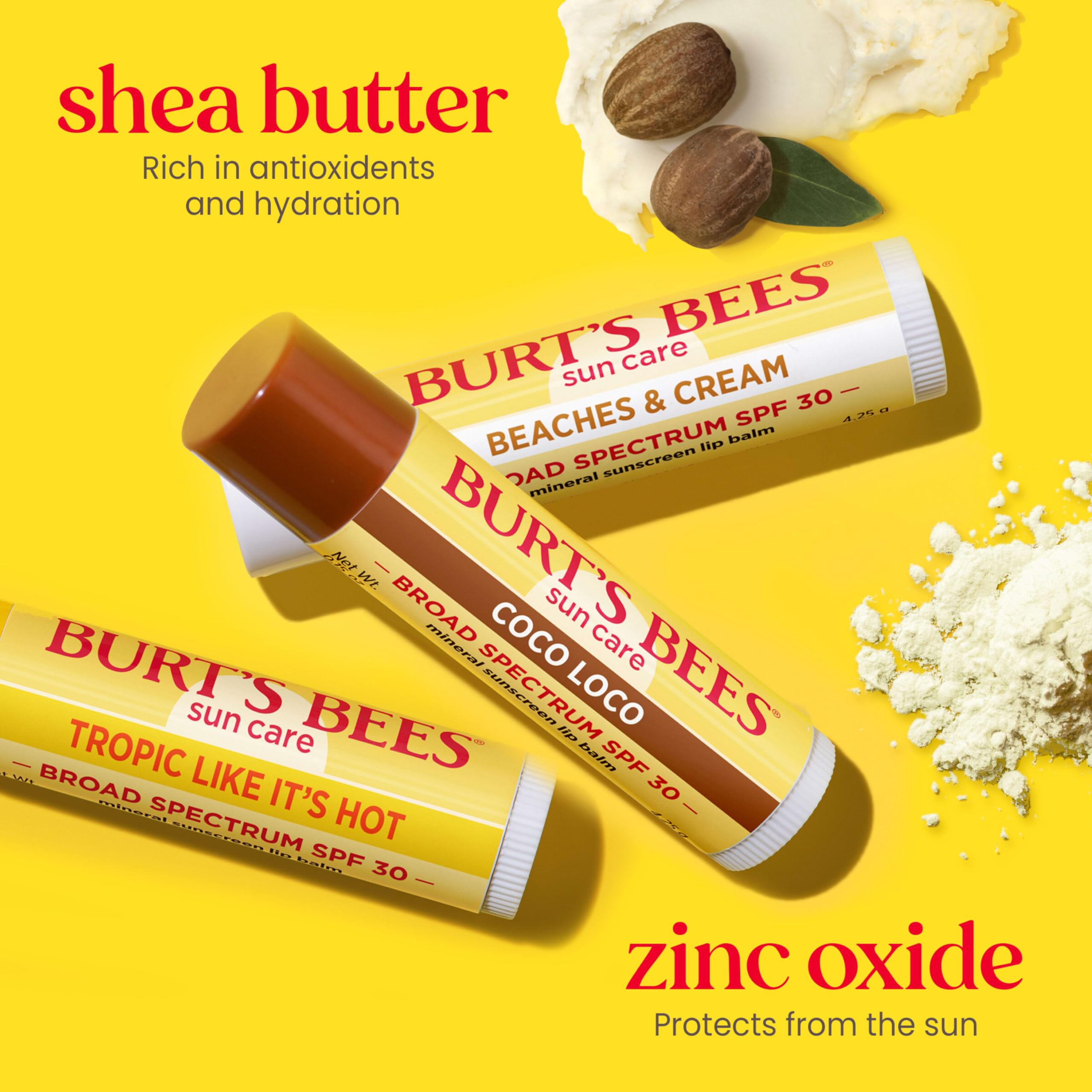 Three tubes of Burt's Bees sun care mineral lip treatment displaying individual tropical flavor labels